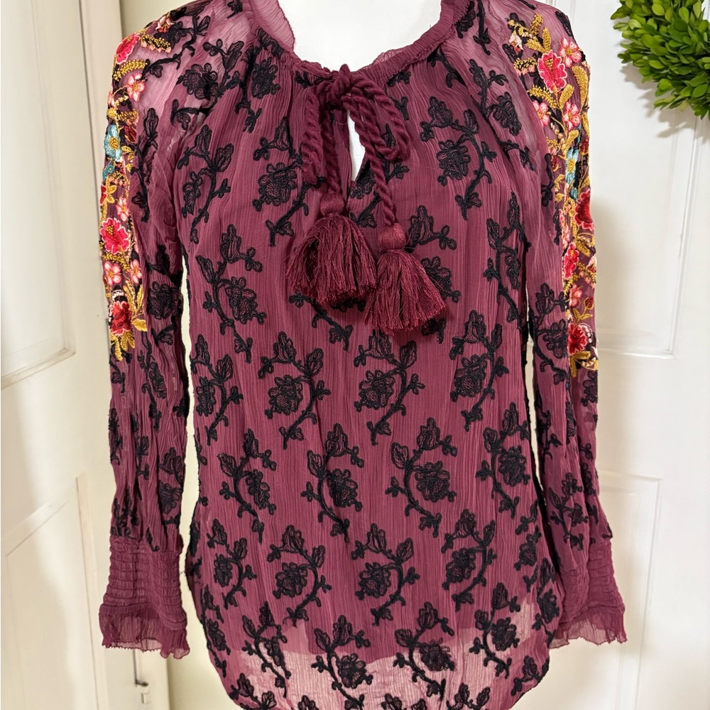 Sundance Burgandy Blouse with Black Floral Embroidery